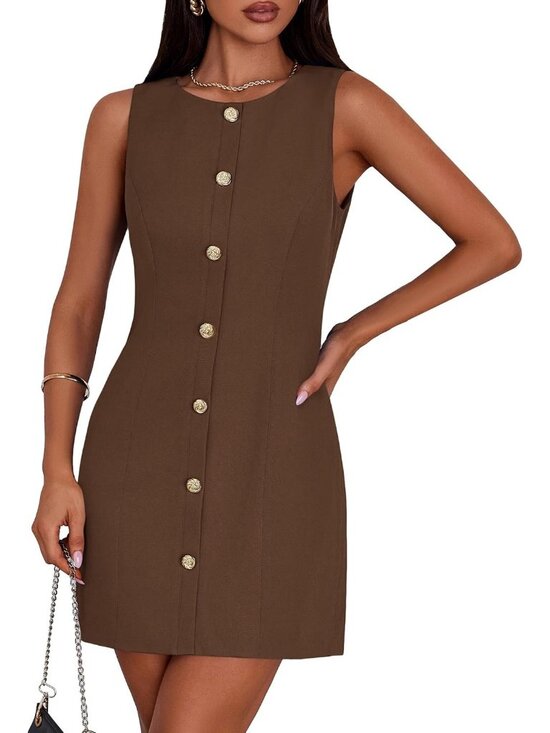PrettyGarden Dresses & Skirts - Pretty Garden Women's Brown Formal Sleeveless Button Down Elegant Mini Dress